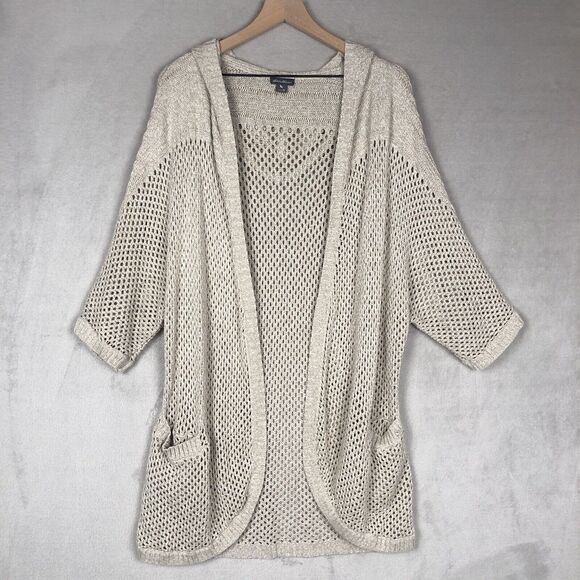 EDDIE BAUER Linen Cotton Open Cardigan Sweater Sz M Oatmeal Knit Pockets Hooded - Picture 5 of 12